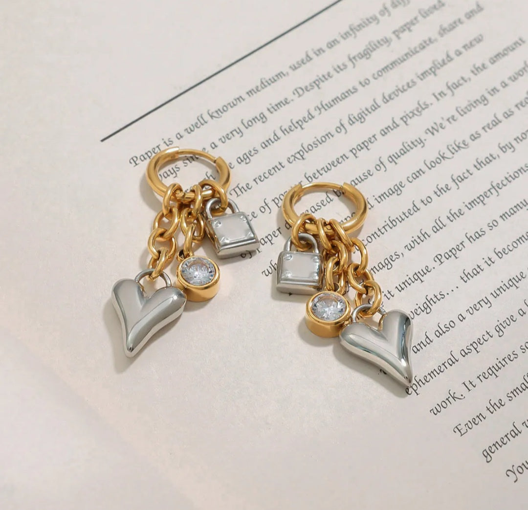 Heart Zircon Lock Pendant Earrings