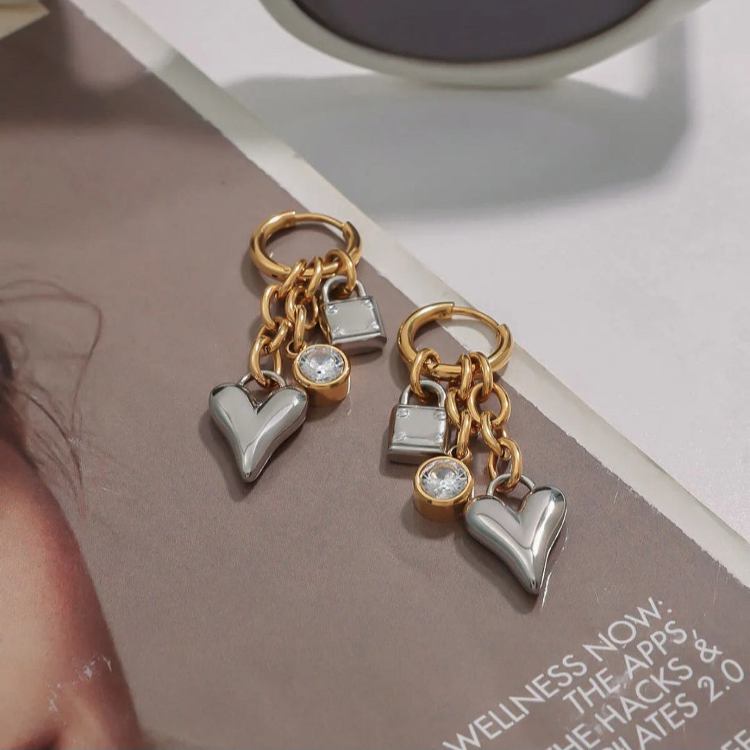 Heart Zircon Lock Pendant Earrings