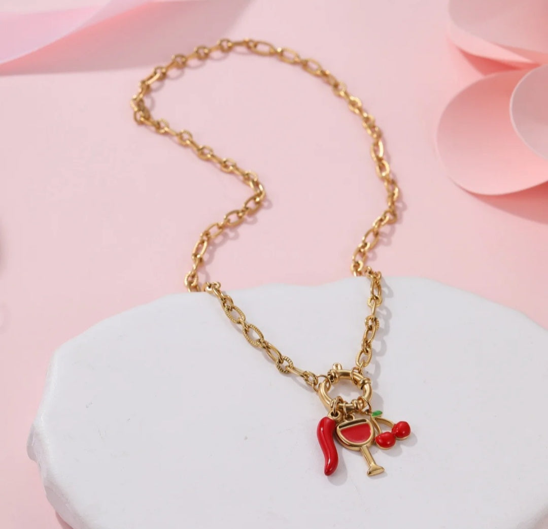 Cherry Wine Glass Chilly Charm Necklace