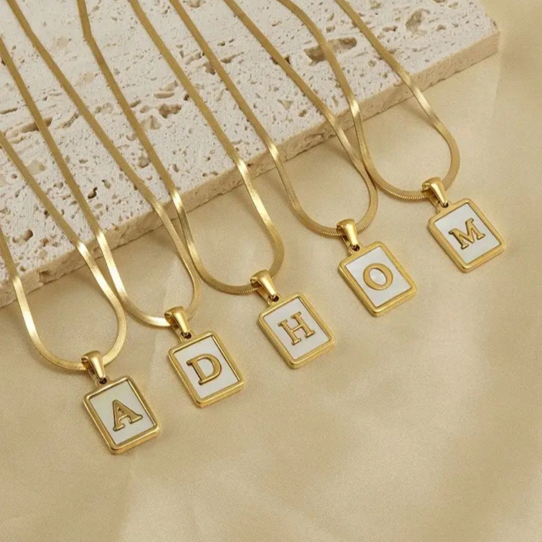 Rectangle Shell Snake Chain Initial Necklace
