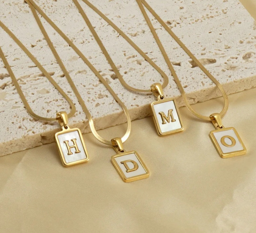 Rectangle Shell Snake Chain Initial Necklace