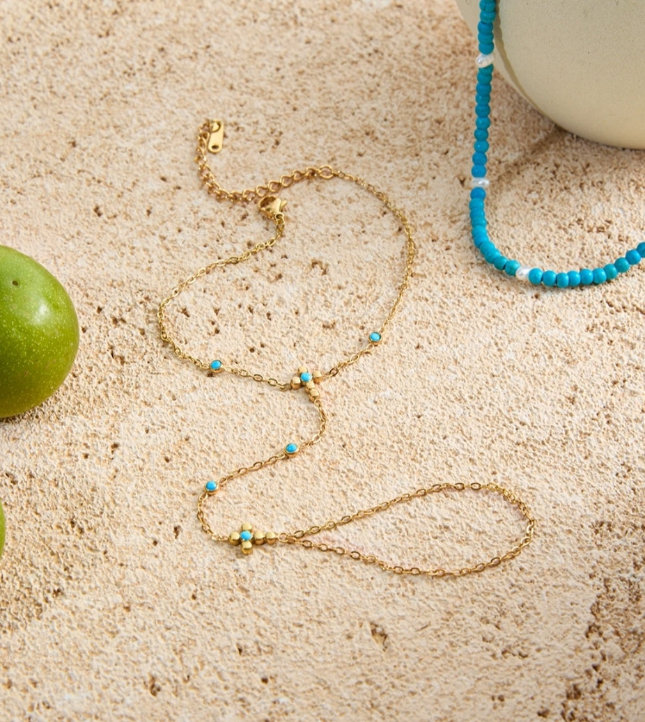 Vacation Blue Turquoise Cross Ring-Bracelet
