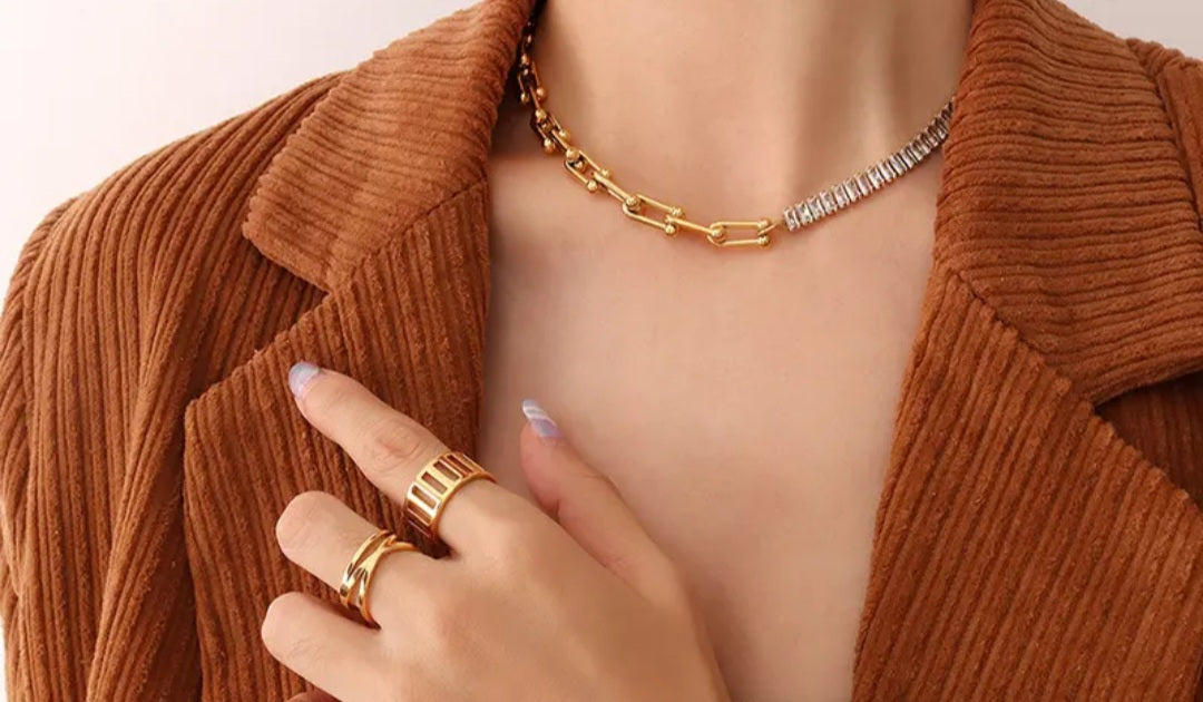 Gold Link Chain Crystal Choker Necklace
